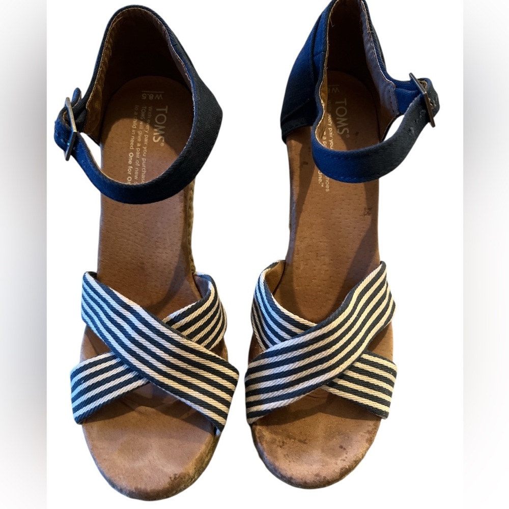Toms Navy and White Striped Espadrille Wedge Sandals